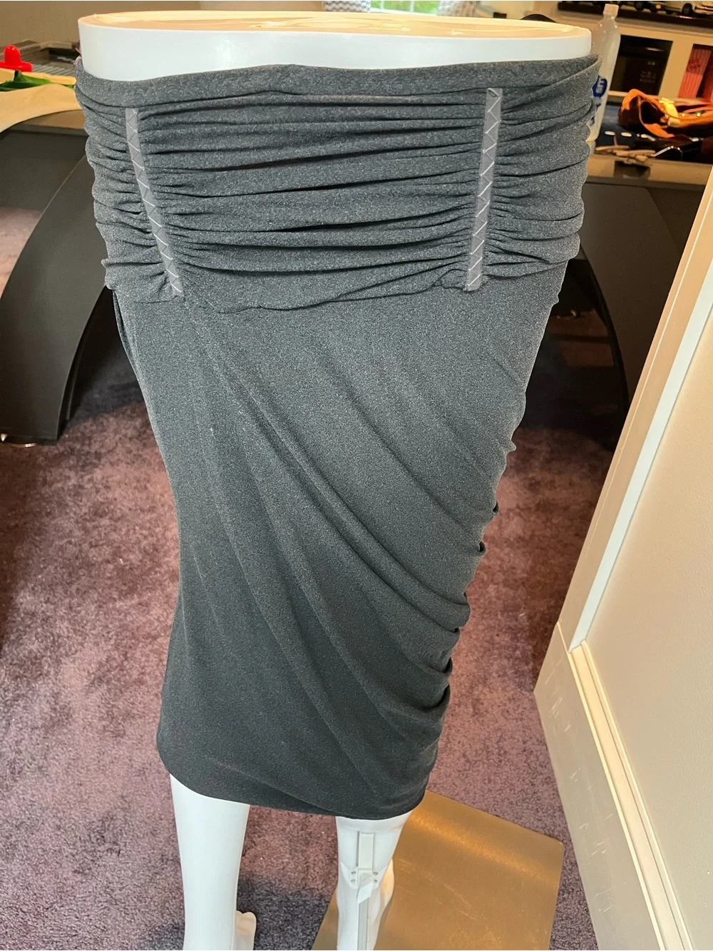 Donna Karan Strapless Slate Gray Ruched Sheer-Panel strapless top and skirt